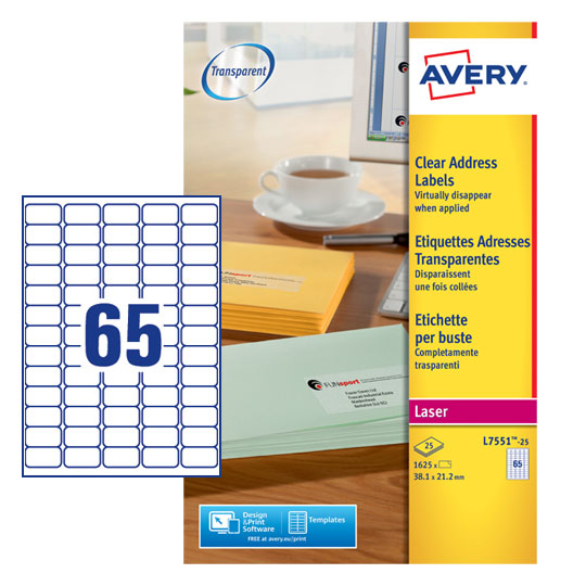 Avery Laser Mini Label 38x21mm 65 Per A4 Sheet Clear (Pack 1625 Labels) L7551-25