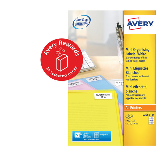 Avery Laser Mini Label 45.7x25.4mm 40 Per A4 Sheet White (Pack 1000 Labels) L7654-25 - NWT FM SOLUTIONS - YOUR CATERING WHOLESALER
