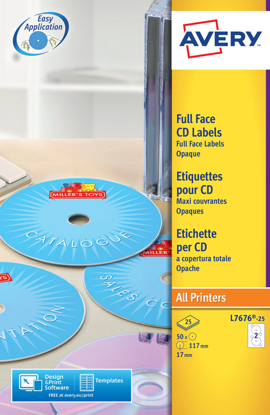 Avery Full Face CD/DVD Matt Label 117mm Diameter 2 Per A4 Sheet White (Pack 50 Labels) L7676-25 - NWT FM SOLUTIONS - YOUR CATERING WHOLESALER