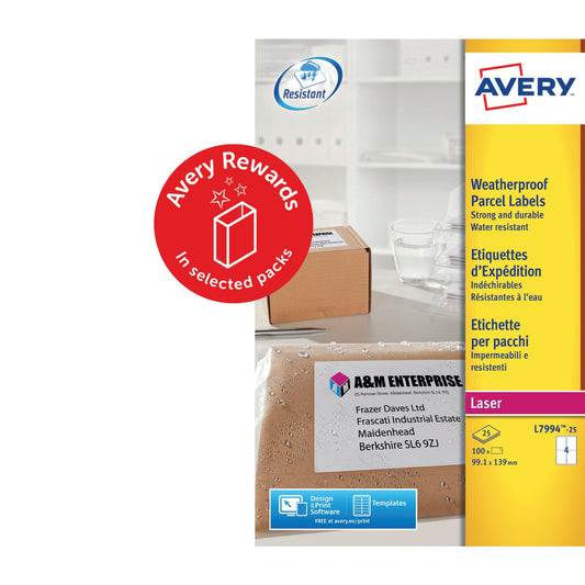 Avery Laser Weatherproof Parcel Label 99x139mm 4 Per A4 Sheet White (Pack 100 Labels) L7994-25 - NWT FM SOLUTIONS - YOUR CATERING WHOLESALER