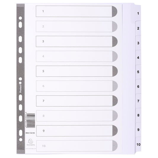 Exacompta Index 1-10 A4 Extra Wide 160gsm Card White with White Mylar Tabs - MWD1-10Z-EW - NWT FM SOLUTIONS - YOUR CATERING WHOLESALER