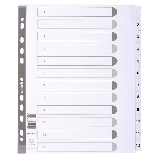 Exacompta Index 1-12 A4 Extra Wide 160gsm Card White with White Mylar Tabs - MWD1-12Z-EW - NWT FM SOLUTIONS - YOUR CATERING WHOLESALER