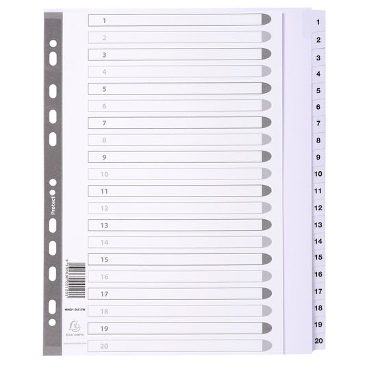 Exacompta Index 1-20 A4 Extra Wide 160gsm Card White with White Mylar Tabs - MWD1-20Z-EW - NWT FM SOLUTIONS - YOUR CATERING WHOLESALER