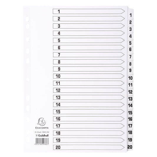 Exacompta Index 1-20 A4 160gsm Card White with White Mylar Tabs - MWD1-20Z - NWT FM SOLUTIONS - YOUR CATERING WHOLESALER