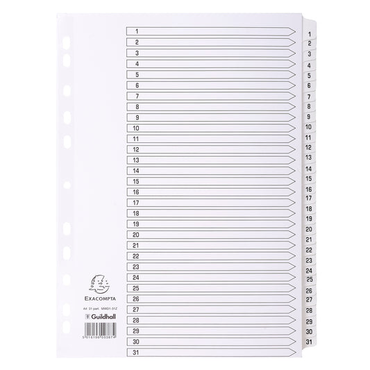 Exacompta Index 1-31 A4 160gsm Card White with White Mylar Tabs - MWD1-31Z - NWT FM SOLUTIONS - YOUR CATERING WHOLESALER