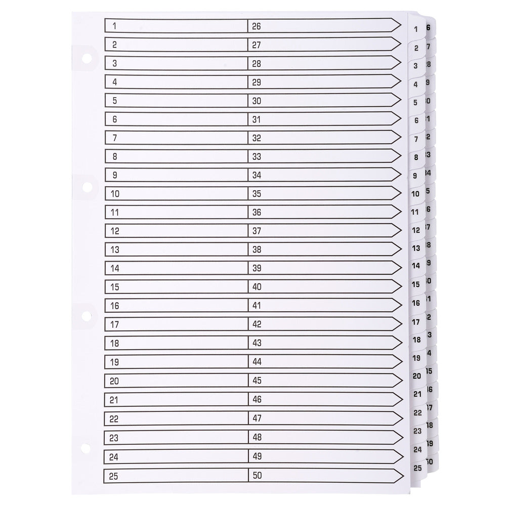 Exacompta Index 1-50 A4 160gsm Card White with White Mylar Tabs - MWD1-50Z - NWT FM SOLUTIONS - YOUR CATERING WHOLESALER