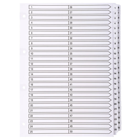 Exacompta Index 1-50 A4 160gsm Card White with White Mylar Tabs - MWD1-50Z - NWT FM SOLUTIONS - YOUR CATERING WHOLESALER