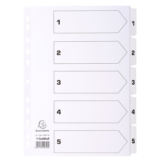 Exacompta Index 1-5 A4 160gsm Card White with White Mylar Tabs - MWD1-5Z - NWT FM SOLUTIONS - YOUR CATERING WHOLESALER