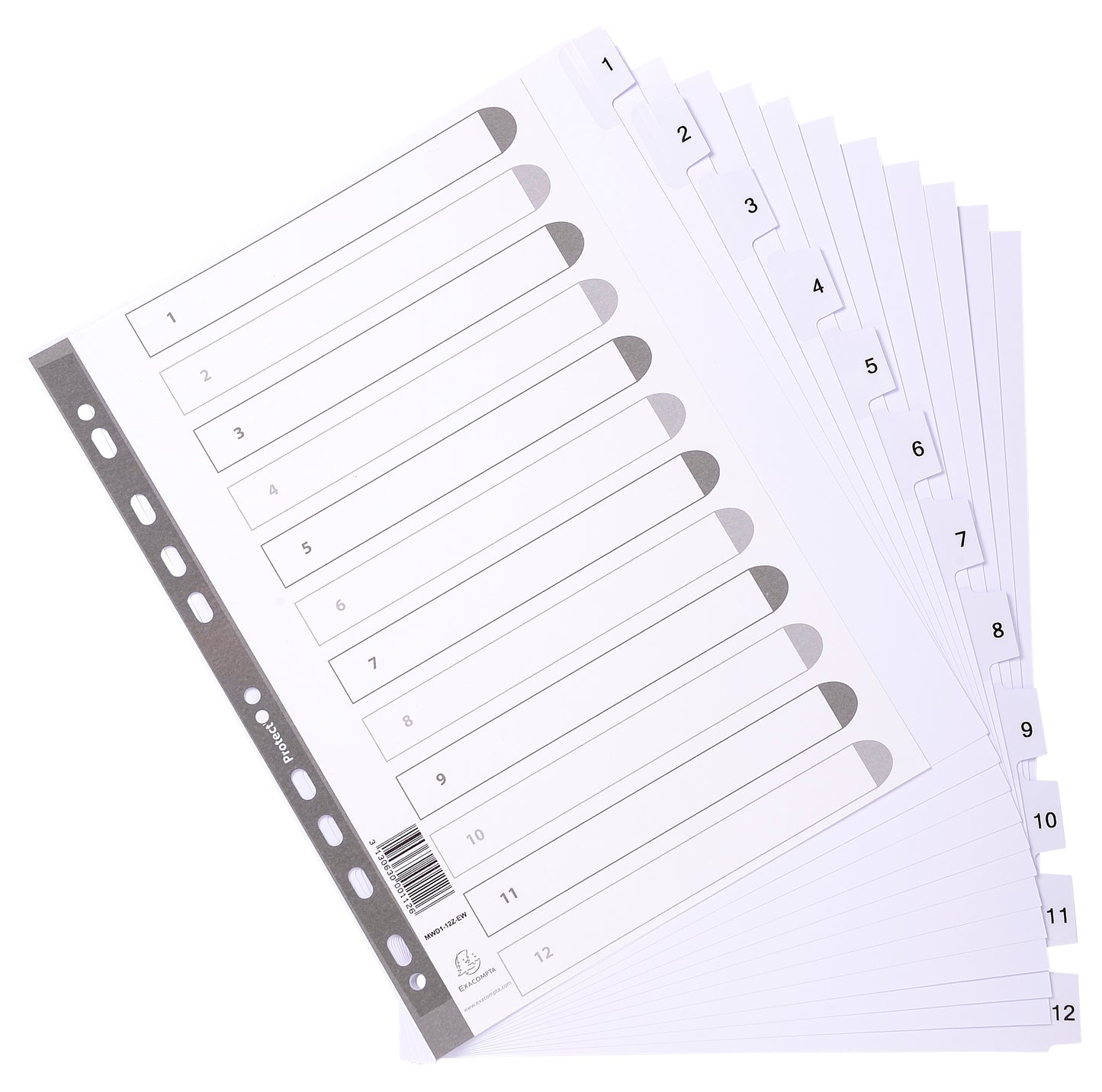 Exacompta Index 1-12 A4 Extra Wide 160gsm Card White with White Mylar Tabs - MWD1-12Z-EW