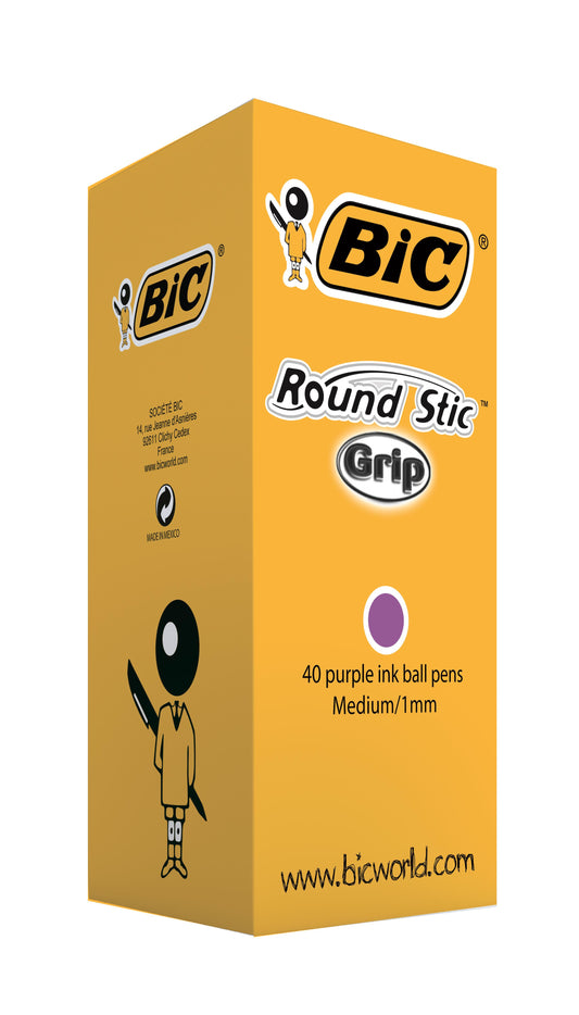 Bic Round Stic Grip Ballpoint Pen 1mm Tip 0.32mm Line Purple (Pack 40) - 920412 - NWT FM SOLUTIONS - YOUR CATERING WHOLESALER