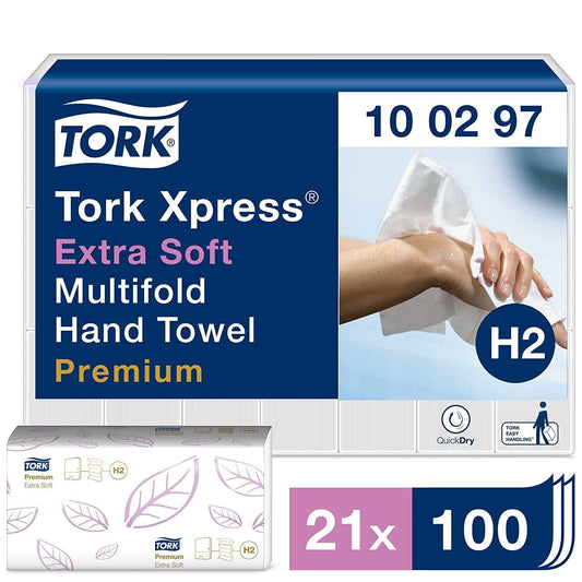 Tork Extra Soft Multifold Hand Towel H2 White 21 x 100 Sheets {100297} - NWT FM SOLUTIONS - YOUR CATERING WHOLESALER