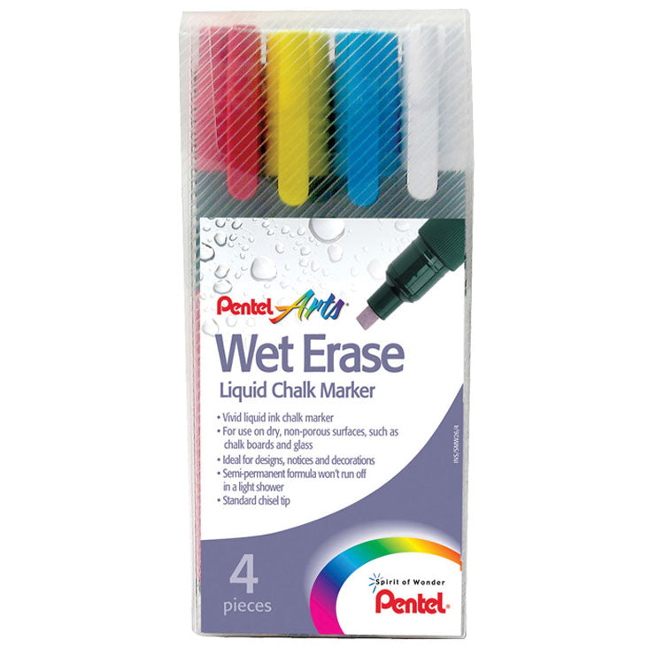 Pentel Wet Erase Chalk Marker Chisel Tip 2-4mm Line Assorted Colours (Pack 4) - SMW26/4-BCGW - NWT FM SOLUTIONS - YOUR CATERING WHOLESALER