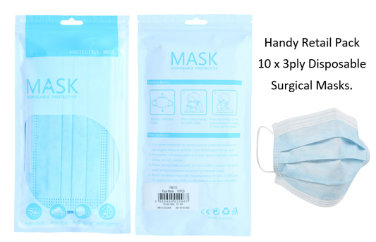 Disposable 3 Ply Surgical Face Mask Pack 10's - NWT FM SOLUTIONS - YOUR CATERING WHOLESALER