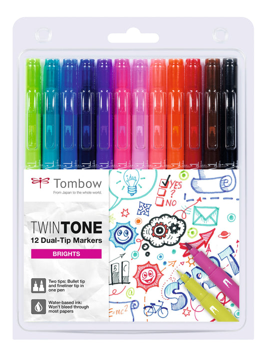 Tombow TwinTone Dual Tip Marker 0.8mm and 0.3mm Line Bright Assorted Colours (Pack 12) - WS-PK-12P-1 - NWT FM SOLUTIONS - YOUR CATERING WHOLESALER