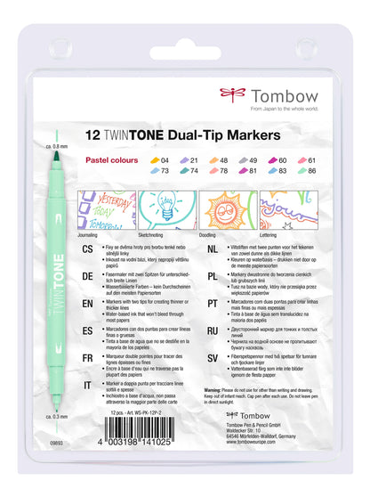 Tombow TwinTone Dual Tip Marker 0.8mm and 0.3mm Line Pastel Assorted Colours (Pack 12) - WS-PK-12P-2