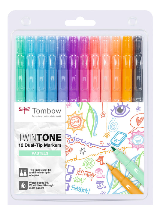 Tombow TwinTone Dual Tip Marker 0.8mm and 0.3mm Line Pastel Assorted Colours (Pack 12) - WS-PK-12P-2 - NWT FM SOLUTIONS - YOUR CATERING WHOLESALER