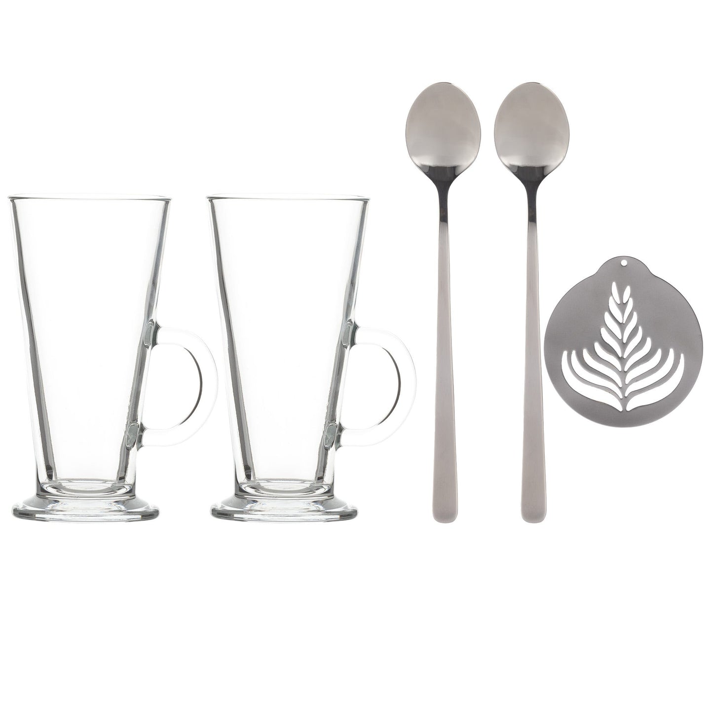 Ravenhead 5 Piece Latte/Irish Coffee Drink Set 2 Glasses, 2 Spoons and Stencil, Gift Boxed.
