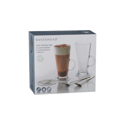 Ravenhead 5 Piece Latte/Irish Coffee Drink Set 2 Glasses, 2 Spoons and Stencil, Gift Boxed.
