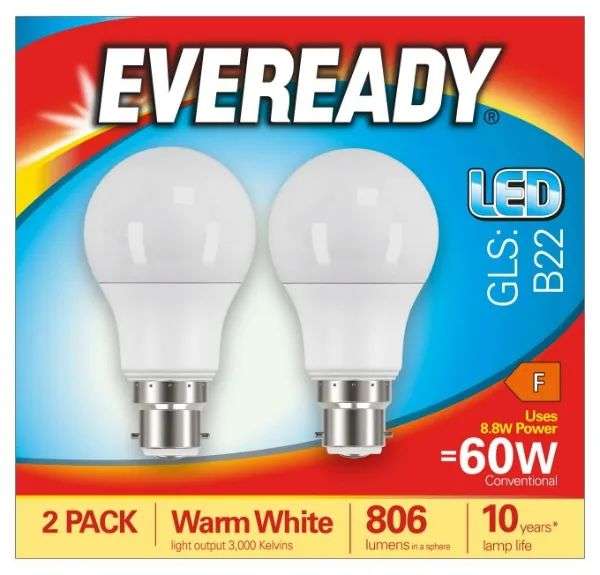 Eveready LED Warm White GLS B22 60W Light Bulb 2pk