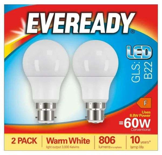 Eveready LED Warm White GLS B22 60W Light Bulb 2pk