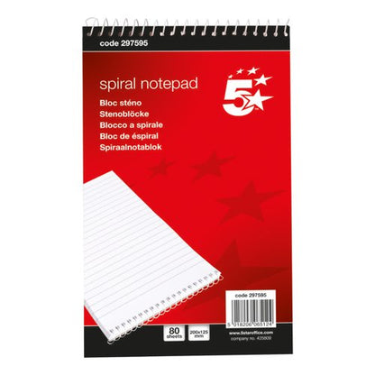 5 Star Spiral Shorthand Notebook Ruled 60gsm 160 Page 127x200mm Red/White (Pack of 10) 297595