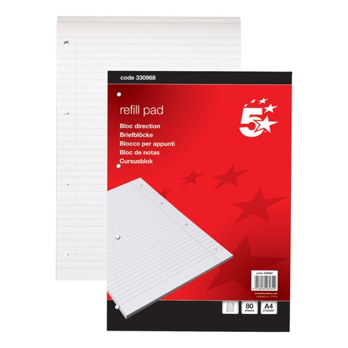 5 Star Headbound Refill Pad Ruled Margin 4 Hole 60gsm 160 Page A4 Red/White (Pack of 10) 330968