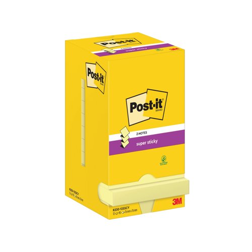 Post-it Super Sticky Z-Notes 76x76mm 90 Sheets Cardboard Packaging Yellow (Pack of 12) R330-12SS