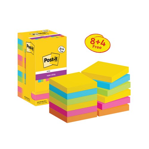 Post-it Super Sticky Notes 76x76mm 90 Sheets Carnival VALUE PACK 8 + 4 FREE (Pack of 12) 654-SSC