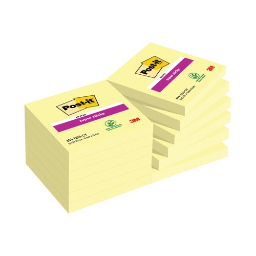 Post-it Super Sticky Note 76x76mm 90 Sheets Cardboard Packaging Canary Ylw (Pack of 12) 654-12SS
