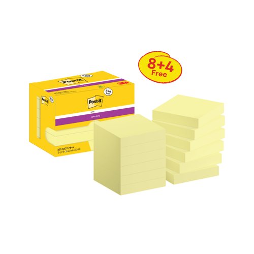 Post-it Super Sticky Notes 47.6x47.6 90 Sheets Yellow VALUE Pack 8+4 FREE (Pack of 12) 622-SSCY-