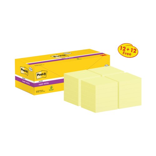 Post-it Super Sticky Notes 76x76mm 90 Sheets Canary Yellow VALUE PACK 12 + 12 FREE (Pack of 24)
