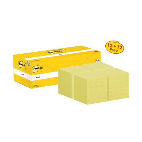 Post-it Notes 76x76mm 100 Sheets Canary Yellow VALUE PACK 12 + 12 FREE (Pack of 24) 654Y12+654Y1