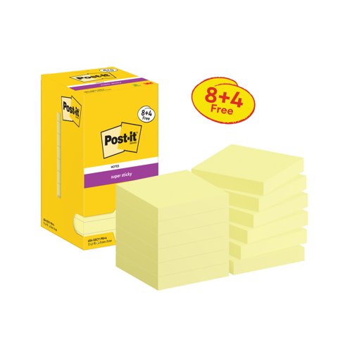 Post-it Super Sticky 76x76mm 90 Sheets Canary Yellow VALUE PACK 8 + 4 FREE (Pack of 12) 654-SSCY
