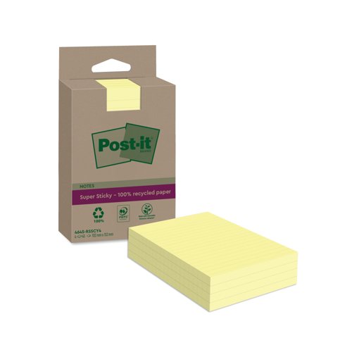 Post-it Super Sticky Recycled Notes Lined 102x152mm 45 Sheets Canary Yellow (Pack of 4) 4645-RSS