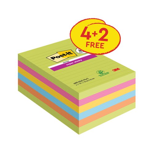 Post-it Notes Super Sticky XXL 101 x 152mm Ultra Colours VALUE PACK 4 + 2 FREE (Pack of 6) 4690-