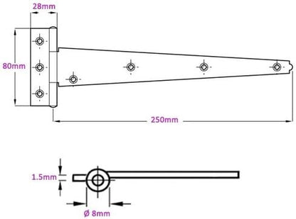 Pair of Light Duty Tee Hinges in Black or Zinc Plated Finish 250mm (10") Black