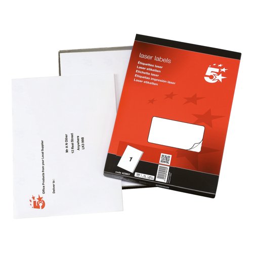 5 Star Multipurpose Labels Laser Copier and Inkjet 199.6x289.1mm White (Pack of 100) 423857