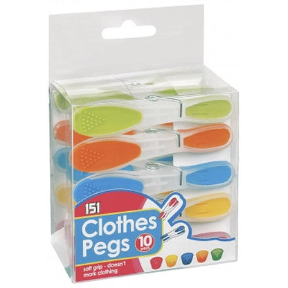 Soft Grip Clothes Pegs 10pk Assorted Colours | Soft & Secure dont mark Clothes.