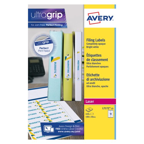 Avery Laser Ring Binder Label 100mmx30mm 18 Per Sheet White (Pack of 450) L7172-25
