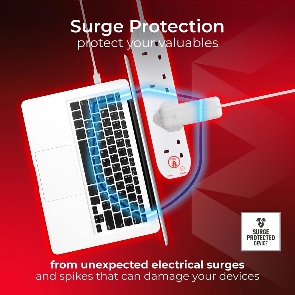 Masterplug Six Socket Power Surge Protected Extension Lead, 2 Metres, White