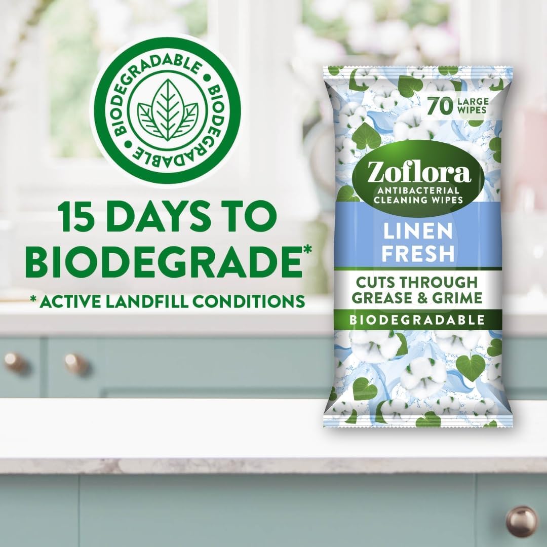 Zoflora Linen Fresh Biodegradable Wipes, Antibacterial Multi-Surface Cleaning Wipes, 70's