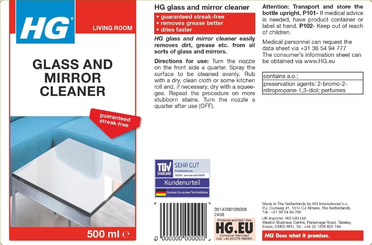 HG Glass and Mirror Cleaner, Streak-Free Glass Cleaner 500ml