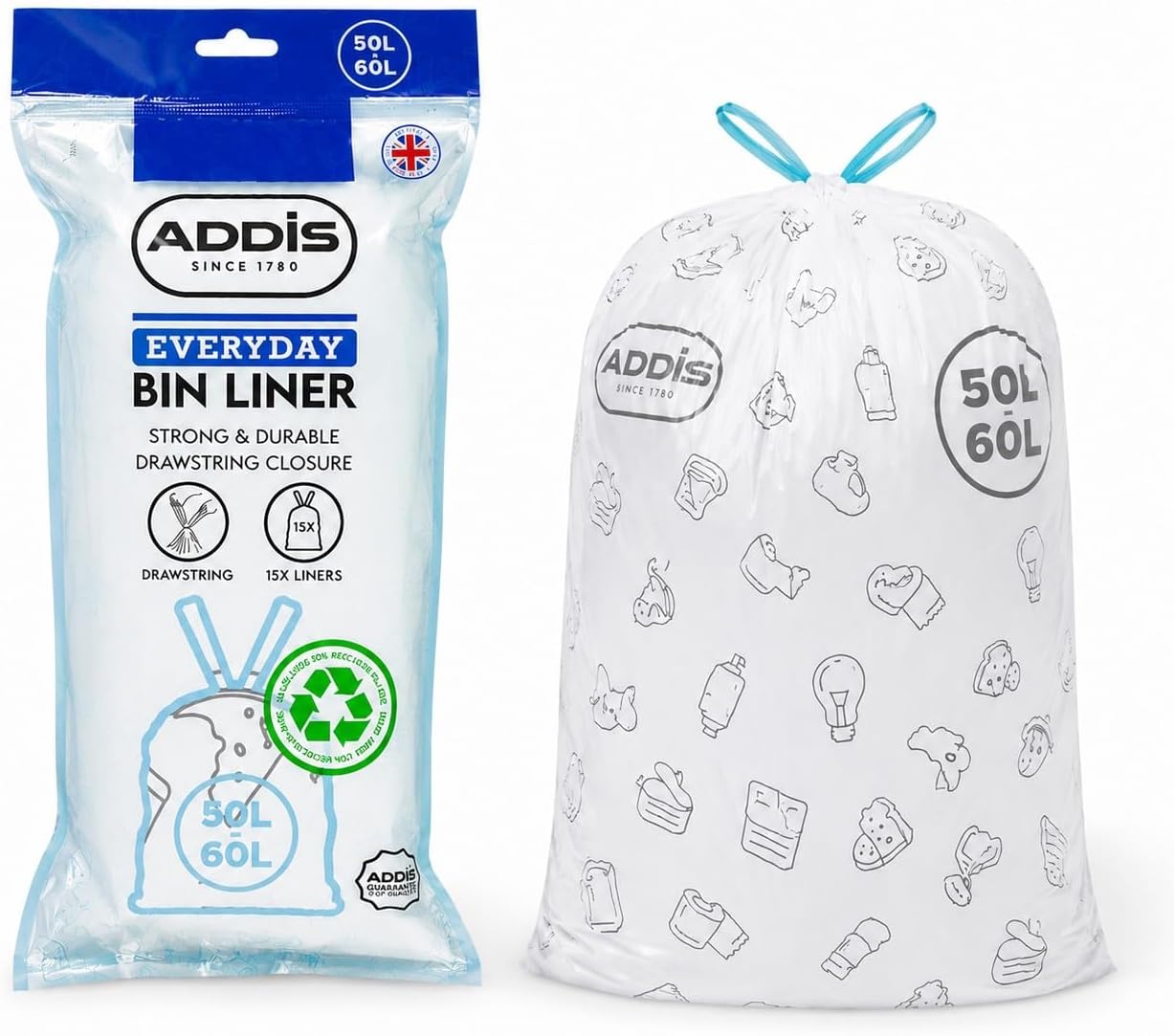 Addis 50–60L Bin Liners with Drawstring | 1 x Roll 15 Bags
