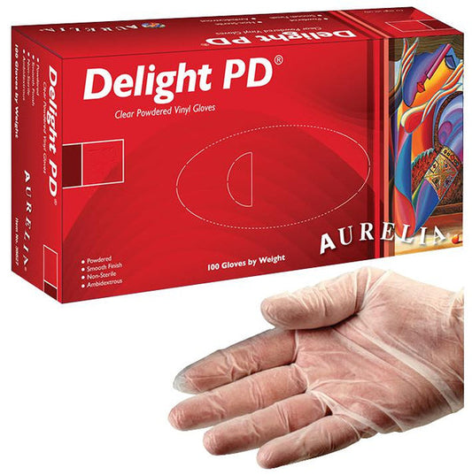 Aurelia DELIGHT Powdered Clear Disposable Vinyl Gloves, Boxed 100 ALL SIZES