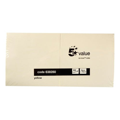 5 Star Re-move Sticky Notes Repositionable 76x76mm Yellow (Pack of 12) 638280