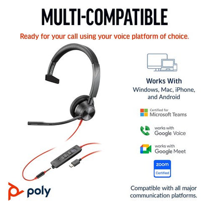 Poly Blackwire 3315 Monaural MS USB-C/A +3.5mm Headset 8X218AA