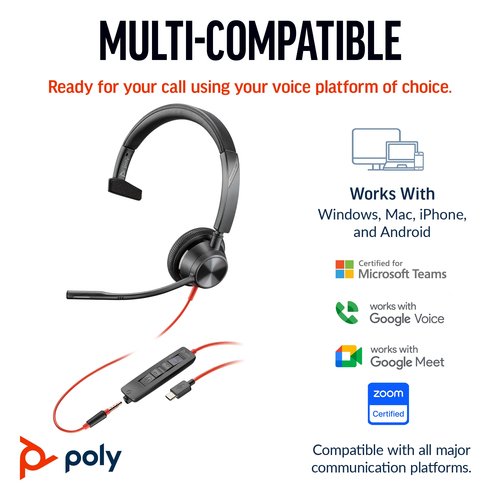 Poly Blackwire 3315 Monaural USB-C/A +3.5mm Headset 8X217AA
