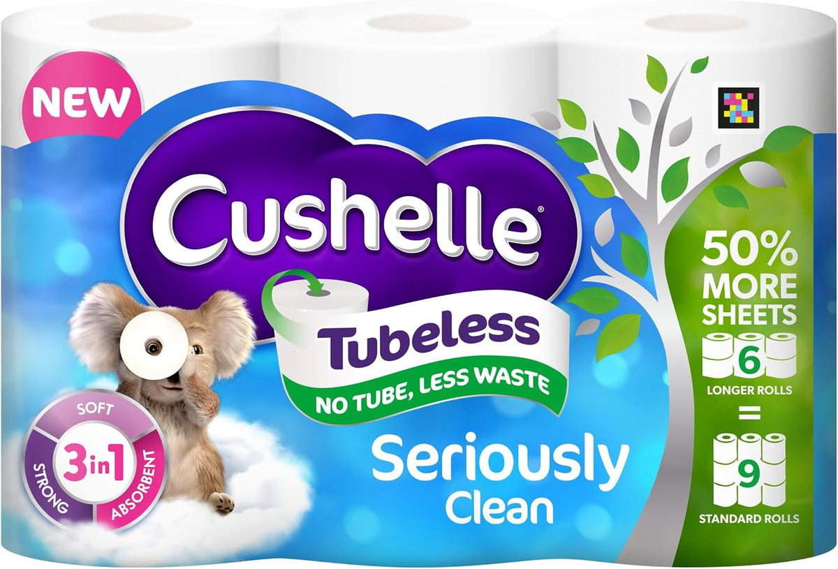 Cushelle Tubeless 2-Ply Toilet Rolls 50% Longer Rolls (Pack of 6=9)
