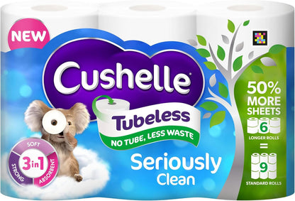 Cushelle Tubeless 2-Ply Toilet Rolls 50% Longer Rolls (Pack of 6=9)