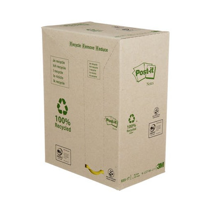 Post-it Recycled Notes 76x127mm 100 Sheets Cardboard Packaging Canary Yellow (Pack of 16) 655-1T